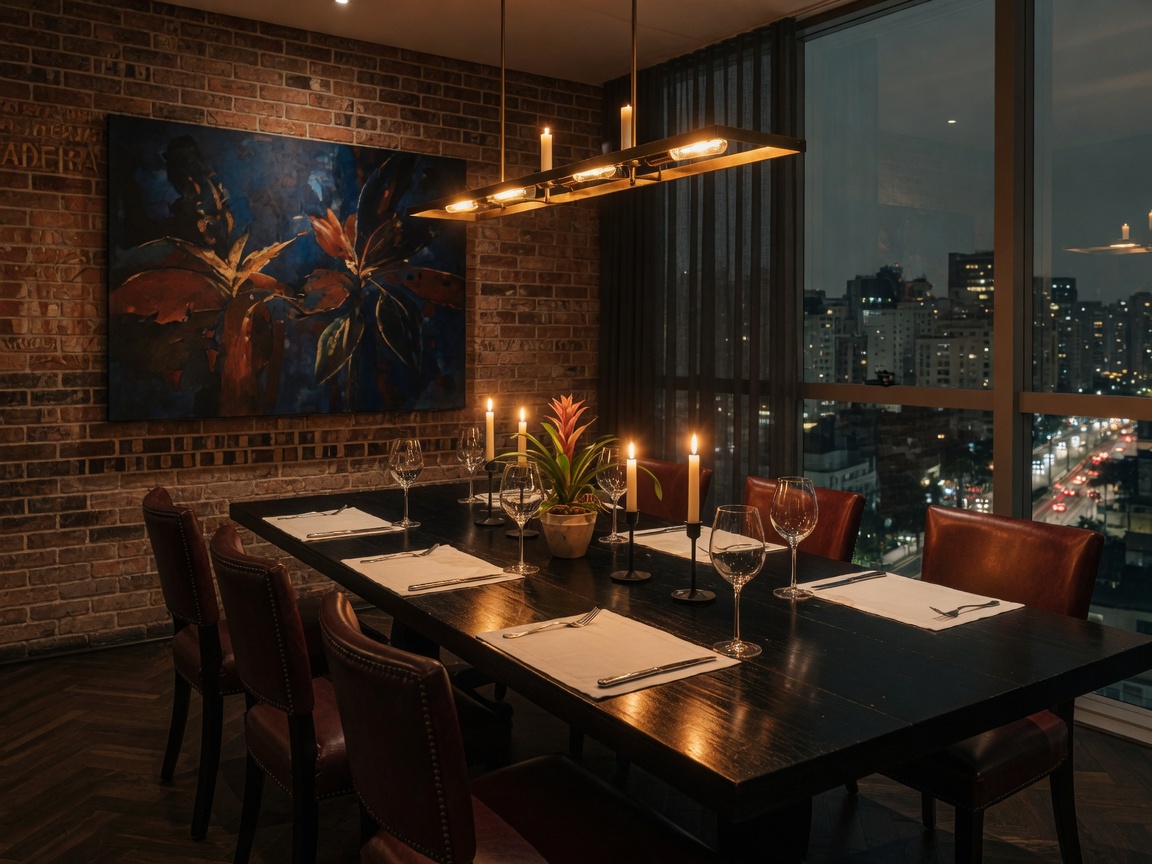 Sala privada de restaurante em São Paulo à noite, mesa preparada para jantar íntimo, sem pessoas