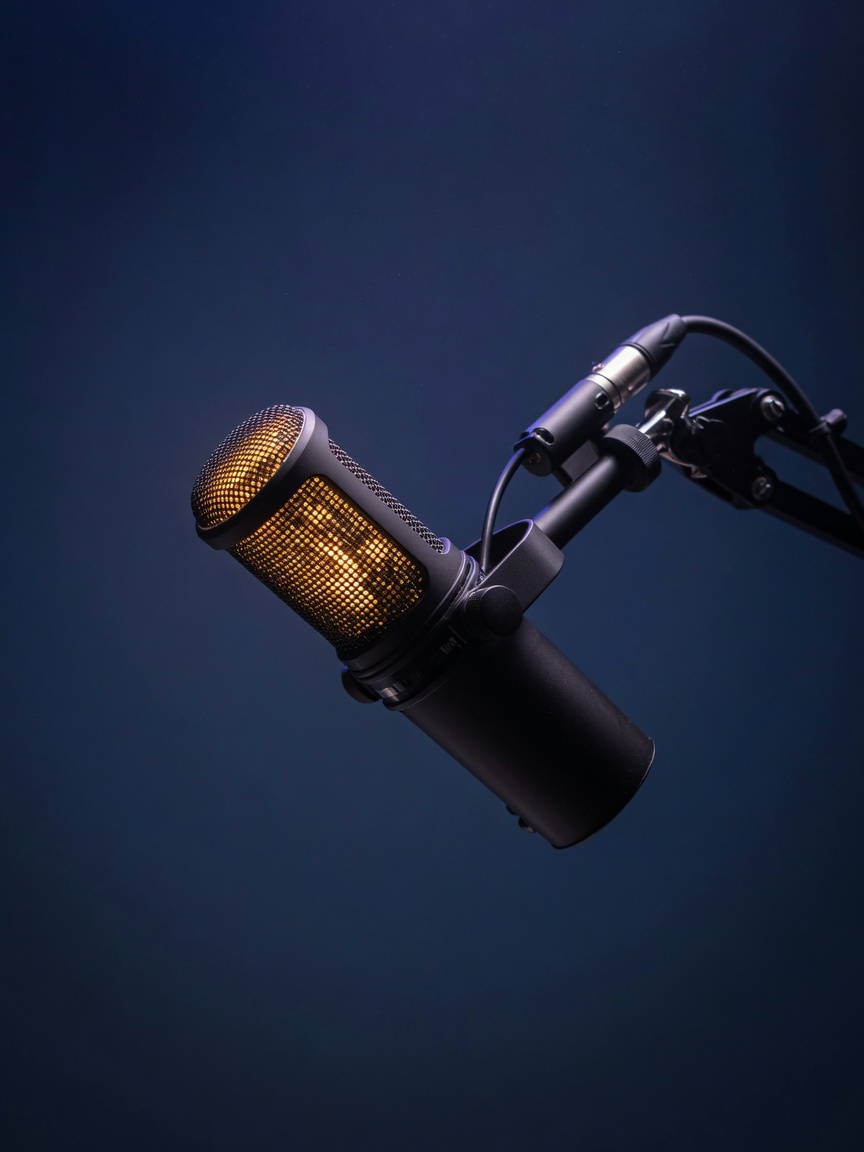 Microfone de estúdio broadcast profissional em ambiente navy com iluminação editorial