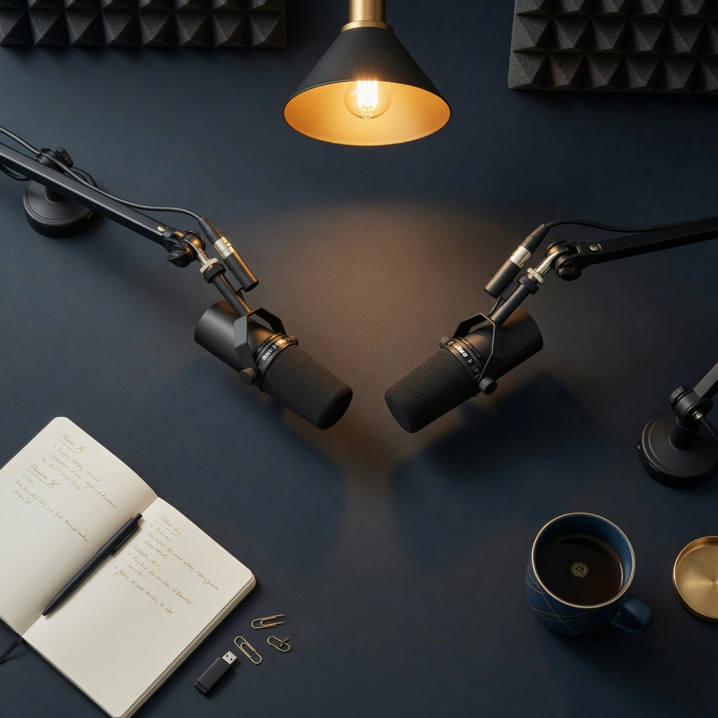 Set de gravação com dois microfones face a face, painéis acústicos e caderno de notas
